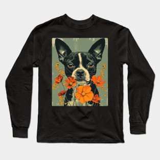 Boston Terrier Flowers Photo Art Design For Dog Onwer Long Sleeve T-Shirt